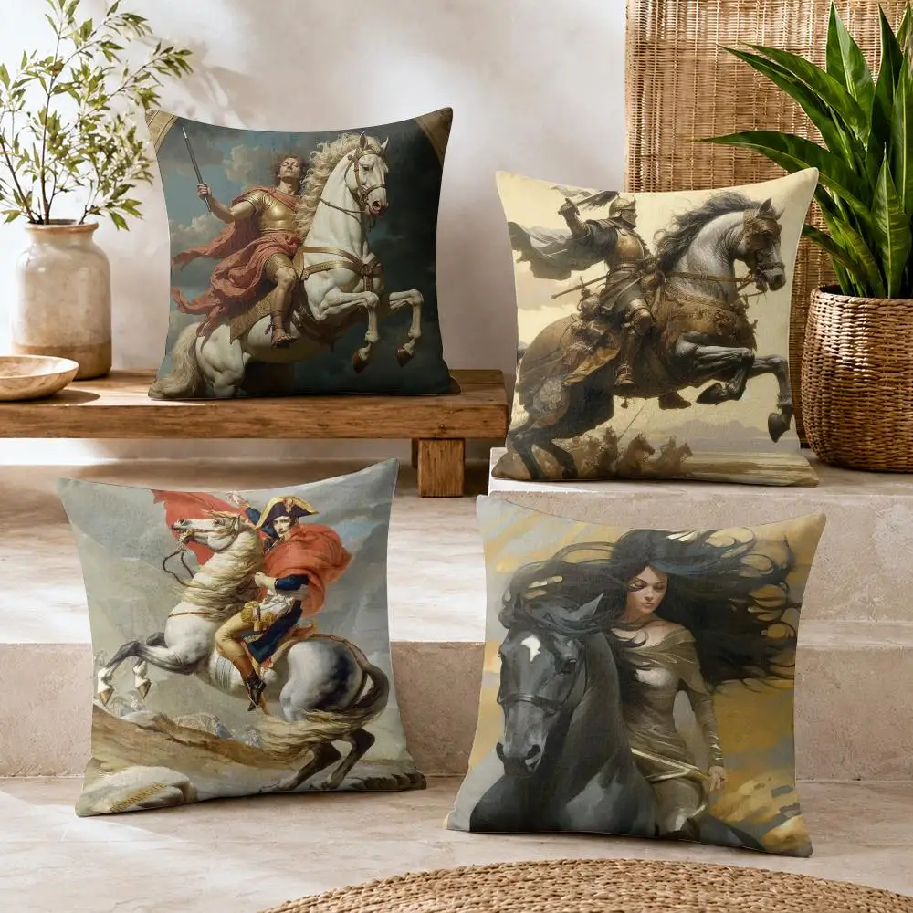 Horse Rider Art Cushion Cover Summer Coolness Linen Organic Fabric Sofa Pillow Case Double-Sided Printing Home Decor