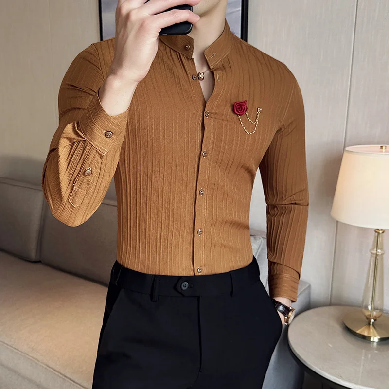 New Spring Rose Brooch Men Shirts & Blouses Long Sleeved Slim Fit Stand Collar Mens Dress Shirt Party Prom Social Male Shirts