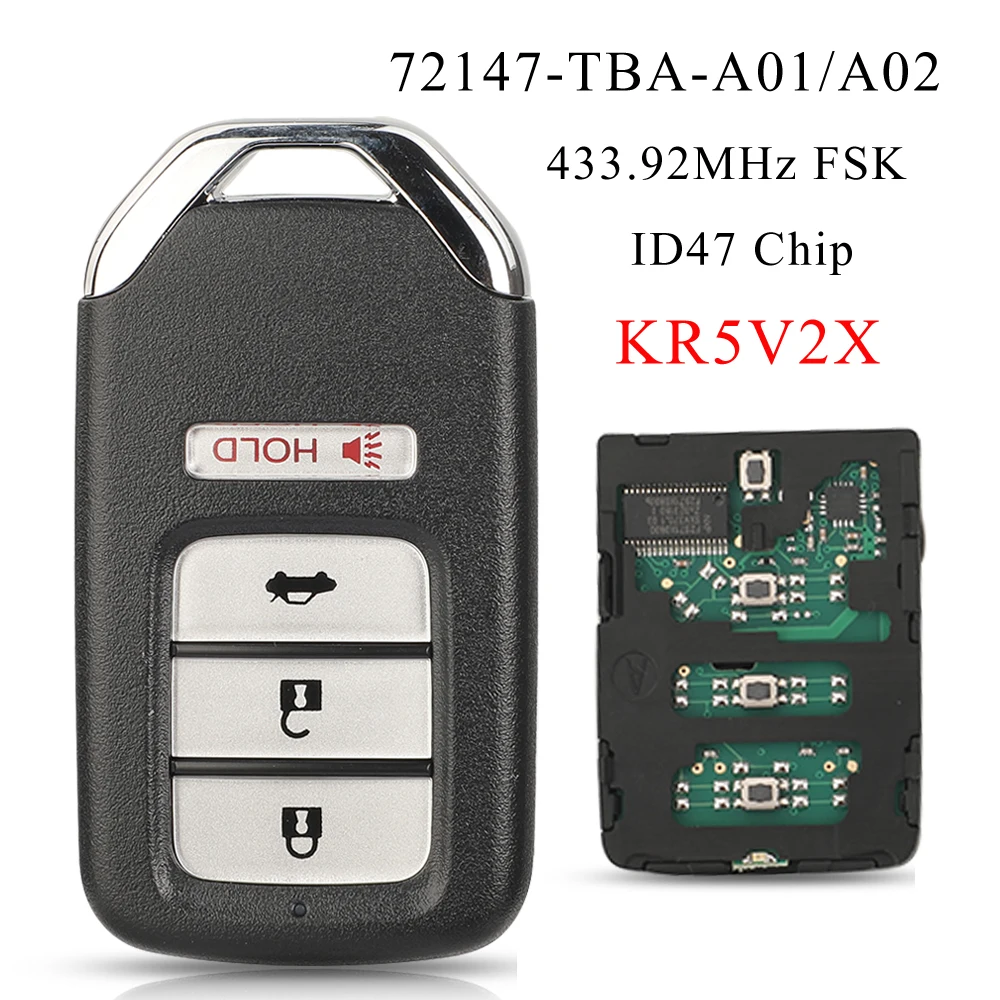 

jingyuqin 433.92MHz FSK ID47 Chip KR5V2X Promixity Card 72147-TBA-A01/A02 Remote Control Car Smart Key For Honda Civic 2016-2020