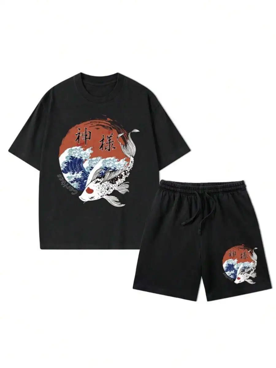

Mens Black Cotton Short Set Featuring Koi Fish And Wave Artwork, Japanese-Inspired Casual Streetwear Outfit