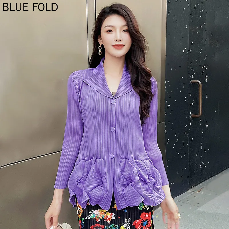 

New Suit Collar Coat Female Spring and Autumn Ruffled Hem Miyake Cardigan Fold Nine-point Sleeve Top PLEATS Shirt Camisas