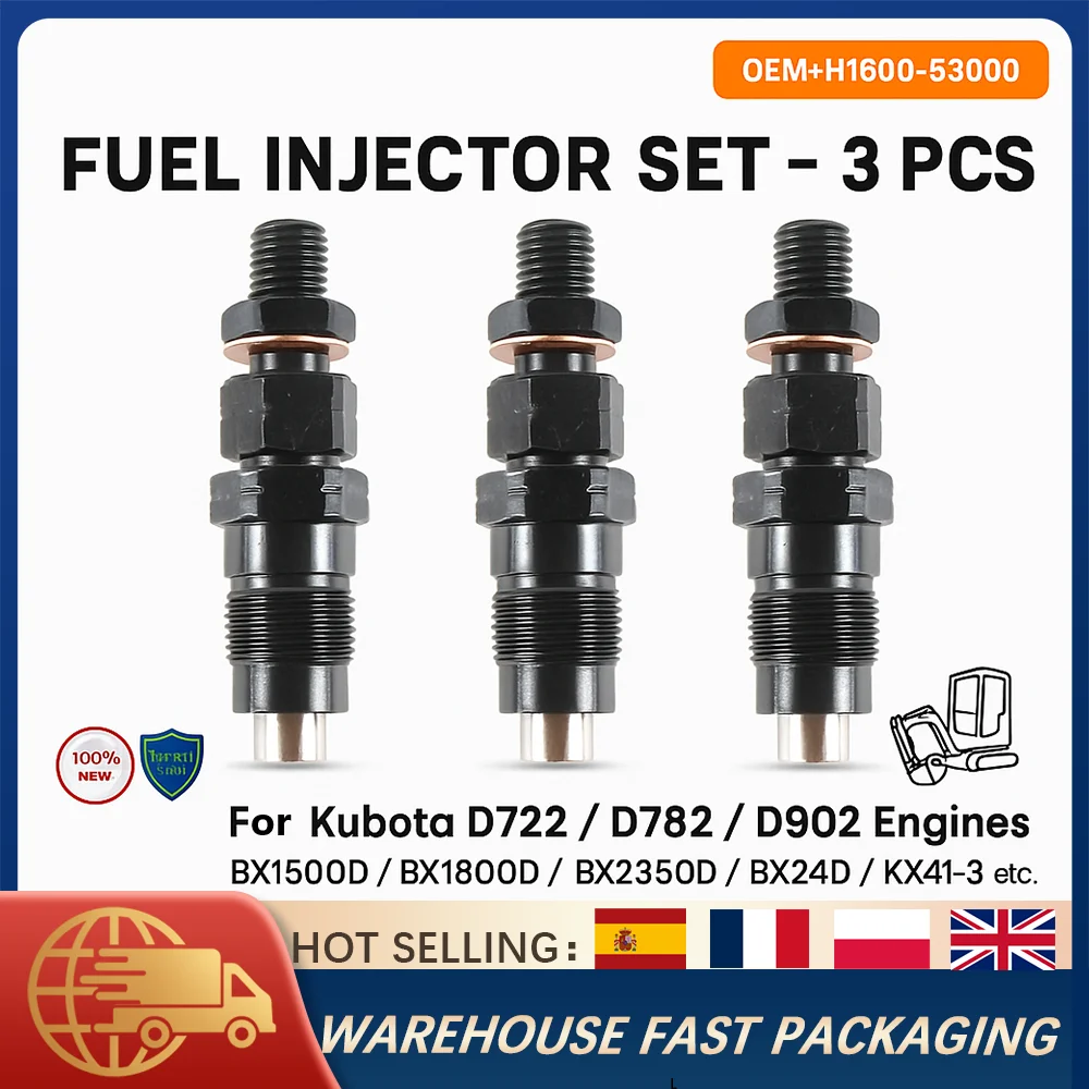 

3PCS Fuel Injector H1600-53000 16001-53002 for Kubota D722 D782 D902 Engine GF1800 BX1800 BX2230 KX41-3 Tractor Mower