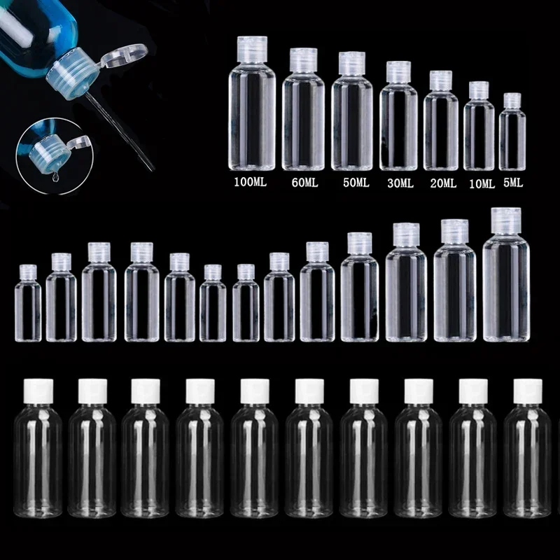 

100Pcs 5ml-100ml Empty Mini Plastic Squeezable Transparent Bottle W/ Clear White Flip Cap For Travel Shampoo Shampoo Body Lotion