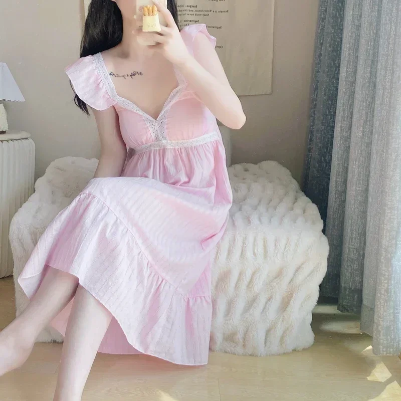 2022 Summer Sexy Lace Lingerie V-neck Cotton Nightgowns for Women Korean Long Dress Nightdress Sleepwear Night Dress Home Nighty