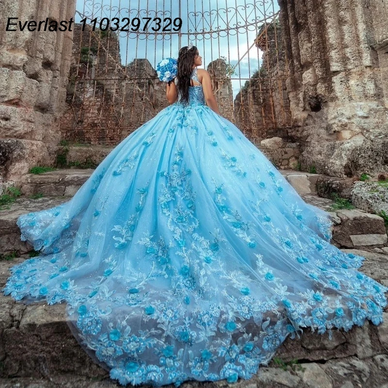 

EVLAST Glitter Blue Quinceanera Dress Ball Gown 3D Floral Applique Beading Mexico Corset Sweet 16 Vestidos De 15 Anos TQD745