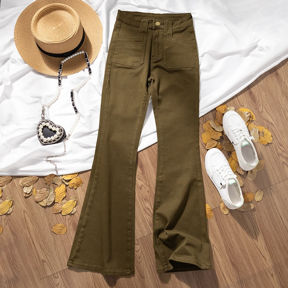 Coffee Colored Overall Jeans for Women Spring Autumn High Waist Pocket Design Cargo Pants Trendy Slim Flared Denim Pants