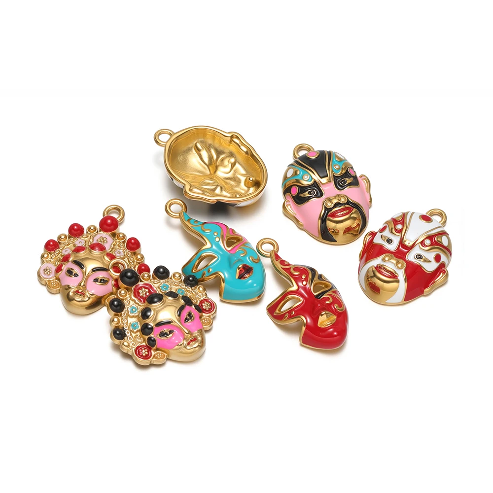 3 Stück kreative Emaille-Maskenanhänger aus Edelstahl mit Peking-Oper-Motiv für DIY-Schmuck, Halsketten, Anhänger, Armbänder, Ohrringe, Kunsthandwerk – Detail 4