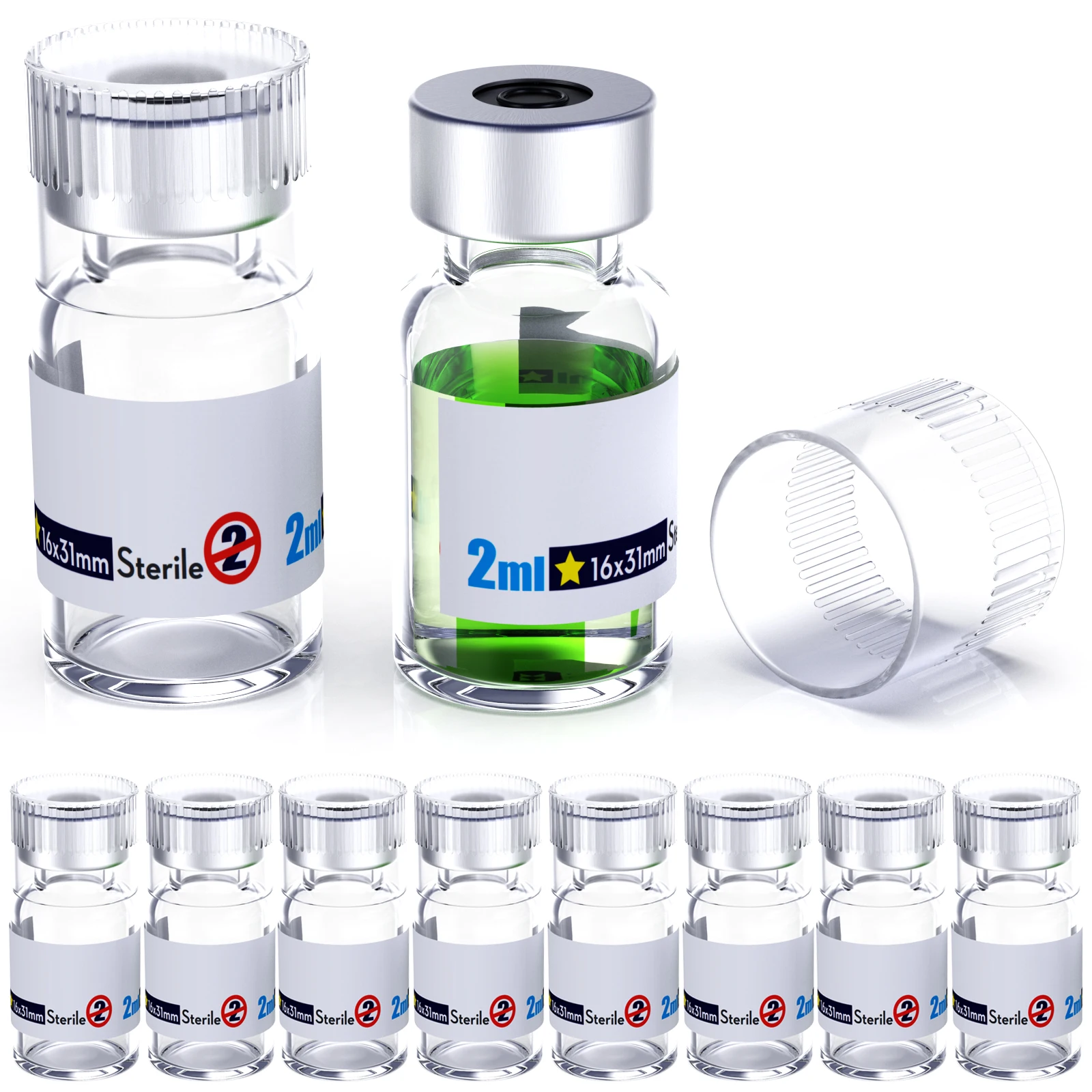 Sterile leere Fläschchen mit Wiederverwendbarem Verschluss und 13/20 mm Selbstheilender Injektionsöffnung, Glasfläschchen mit Schnallenverschluss, Sterile Verpackung, Transparent