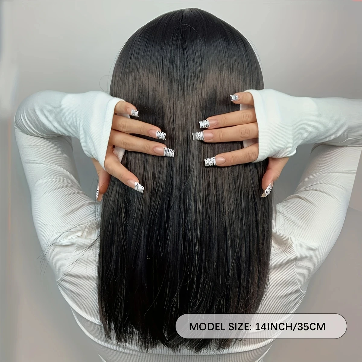 Peluca sintética de pelo liso negro para mujer con flequillo, fiesta de Halloween, uso diario, cubierta de peluca de seda de alta temperatura