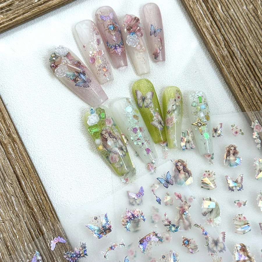 Calcomanías autoadhesivas para decoración de uñas, calcomanías bonitas de Japón, 3D, manicura, libro de caballo de fantasía, flor, mariposa brillante