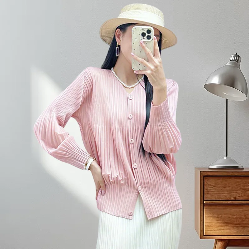 

Gentle Pink V-Neck Single Breasted Long Sleeve Top Miyake Pleated 2025 Summer Sun Protection Peplum Jacket Wrinkle-Free Cardigan