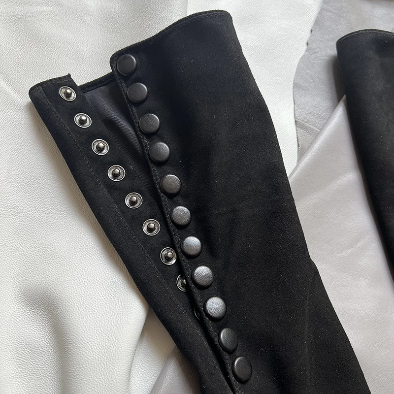 Suede Leather Long Gloves Men's Black Sheepskin Multi-button Gloves Women's Large Size Gloves Arm Foldable Gloves