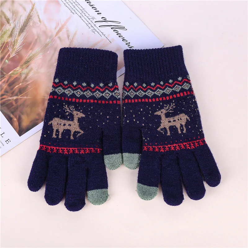 Warm Men and Women's Deer Jacquard Full Finger Touch Screen Gloves, Knitted Five Finger Women's Couple Plush Gloves