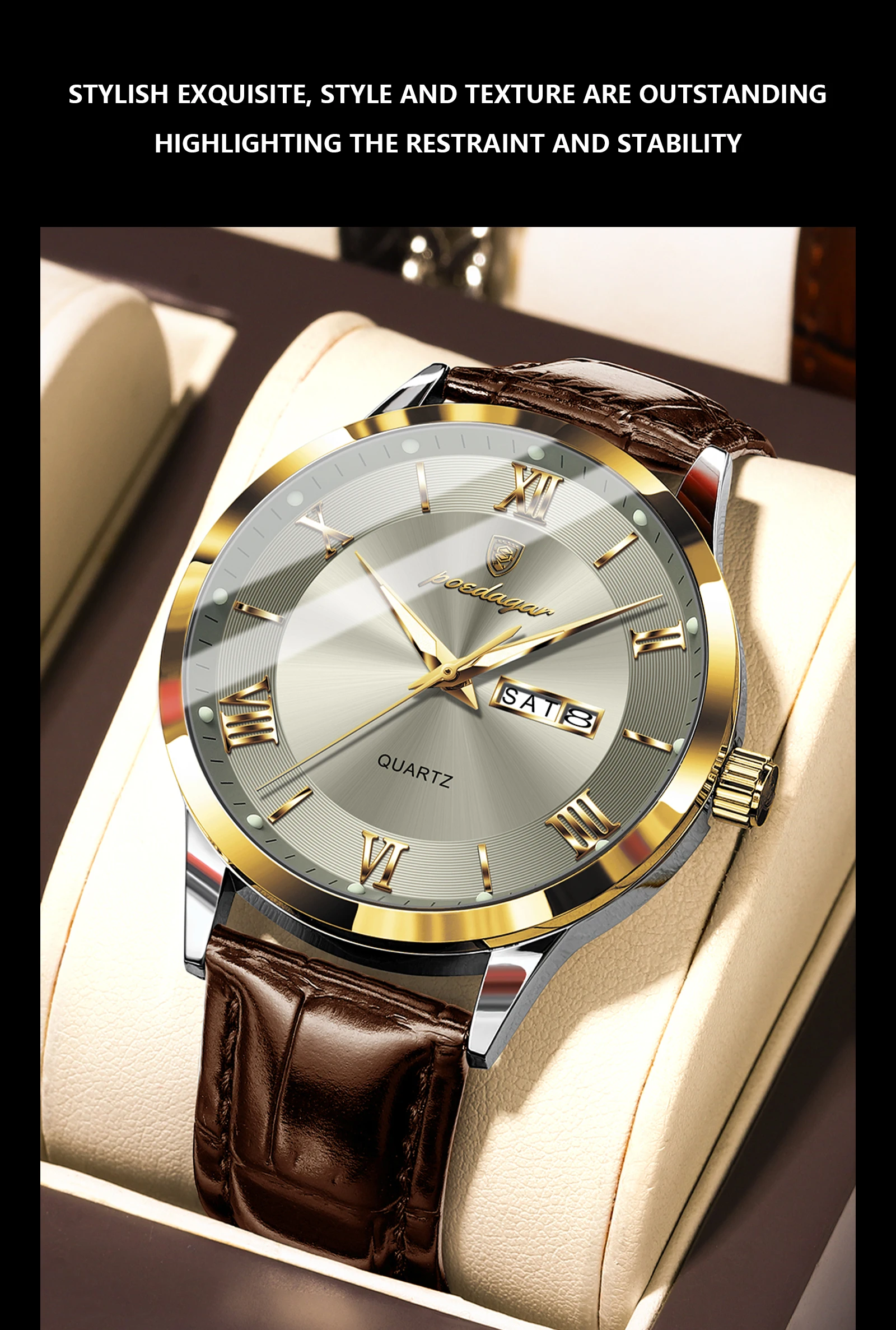 POEDAGAR Original Mode Uhr Für Mann Leder Datum Woche Quarz Männer Uhr Wasserdicht Leucht Business herren Uhren Männlich Reloj – Detail 16