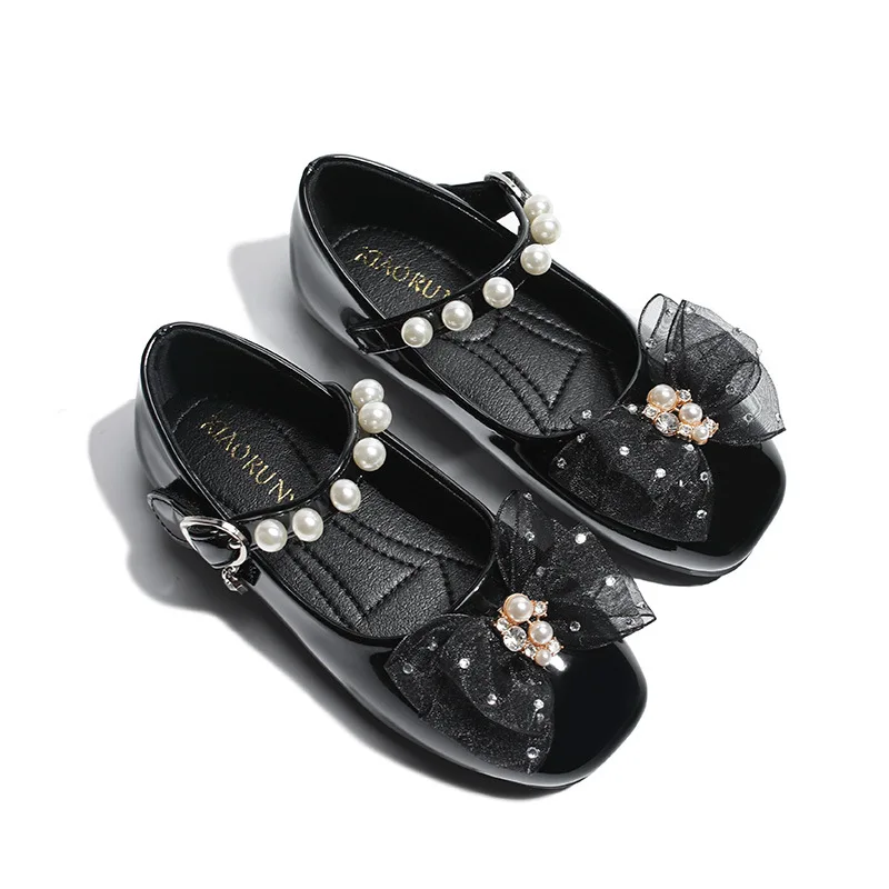 Little Kids Red Christmas Shoes Girls Black School Uniform Flats Beaded Strap Dress Shoes Soft Child Leather Princess Casual