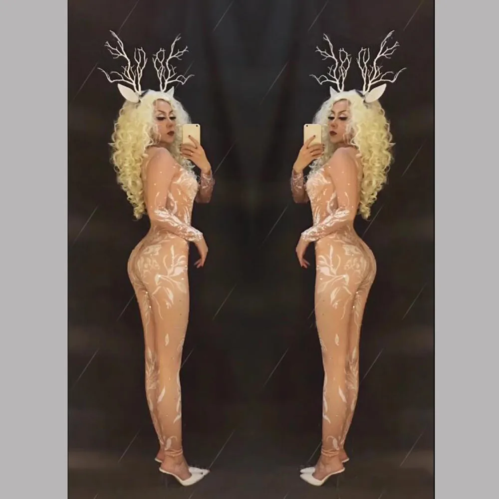 Sexy Fake Perspective Bodysuit Bar Singer Dancer Cosplay Suit, Christmas Awards Ceremony Performance Jumpsuit With Headwear