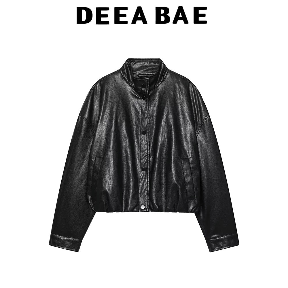 

DEEABAE Autumn new women's clothing simple and loose high neck long sleeved faux leather pilot jacket short jacket