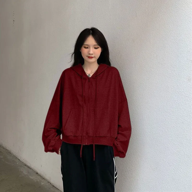 Lucyever Casual Hooded Sweatshirt Women Black Gray Y2K Zip Up Cropped Hoodies Female Harajuku Long Sleeve Loose Sports Jacket