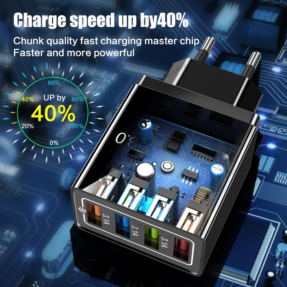 3A Quick Charge 3.0 USB Charger 4 Ports USB Fast Charging Mobile Phone Charger Adapter EU/US Plug For iPhone Samsung Xiaomi POCO, image 3