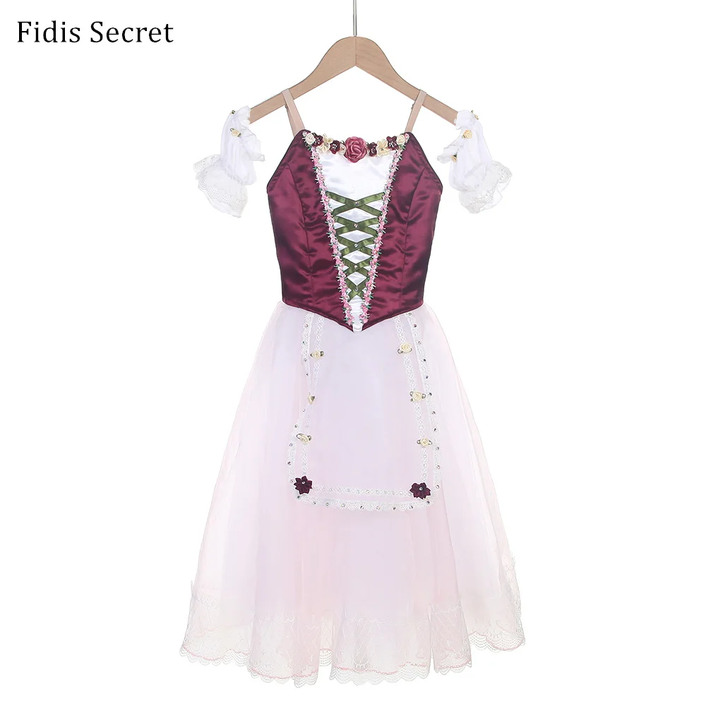 

Women Burgundy Romantic Tutu Costumes Giselle Professional Ballet Long Dress Girls Ballerina YAGP Napoli Peasant Stage Dancewear