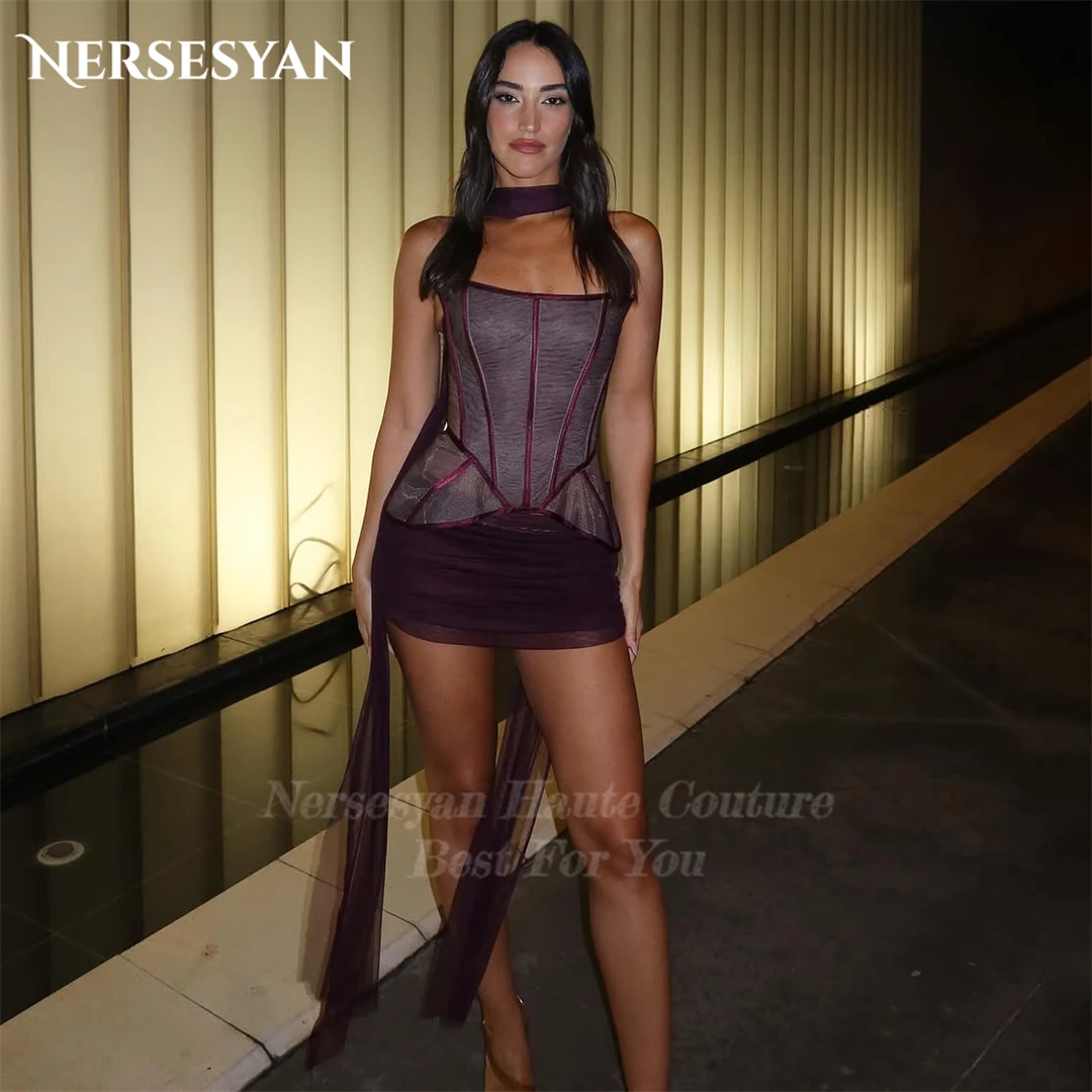 

Nersesyan бордовые сексуальные платья для выпускного вечера с открытыми плечами, корсет для гостей, мини-платье с лентами, коктейльные платья для вечеринок, 2025 по индивидуальному заказу