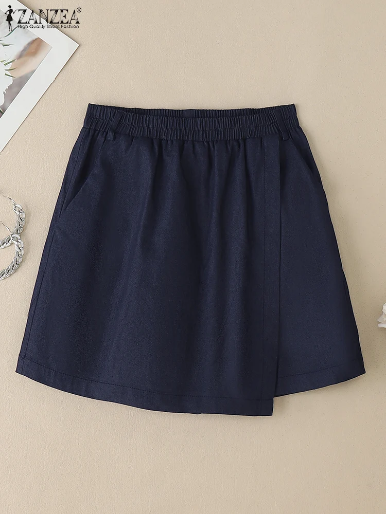 

ZANZEA Elastic Waist Women Wrap Skorts Wide Leg Casual Loose 2025 Summer Solid Color Everday Denim Shorts
