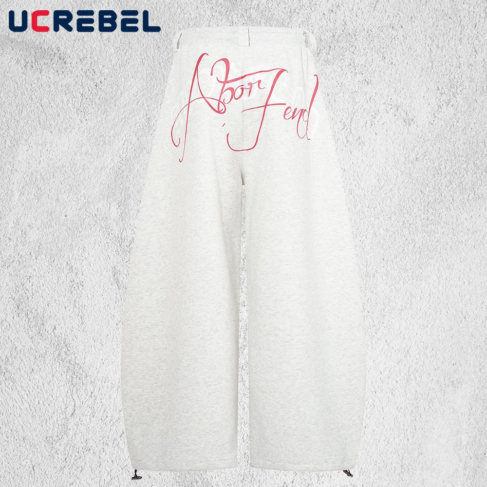 

Letter Print Sweatpants Mens Retro High Street Drawstring Elastic Waist Baggy Wide Leg Jogger Pants Man Trousers