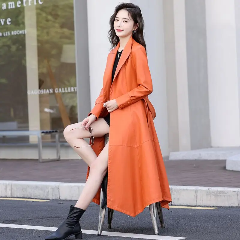 2024 Mid Length Korean Slim Fit Foreign Style Slim Fit Oversized Leather Trench Coat