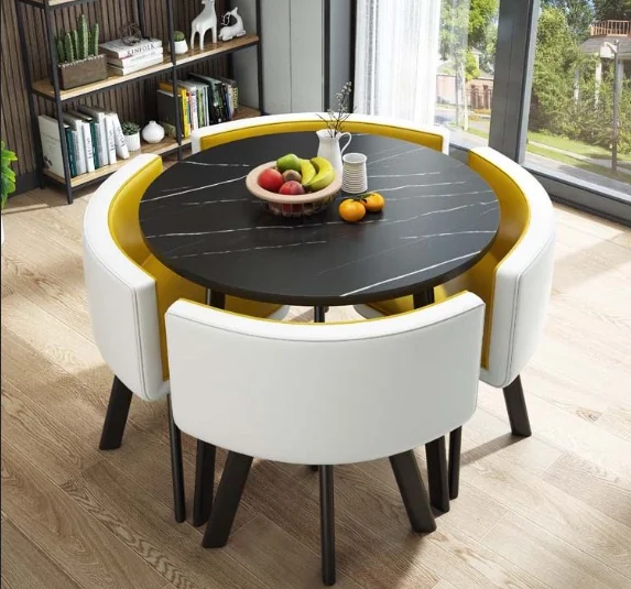 

#Luxury Minimalist Dining Table Set Convertible For Home Furniture Living Room School Use Modern Design Metal Chairs Wooden Top