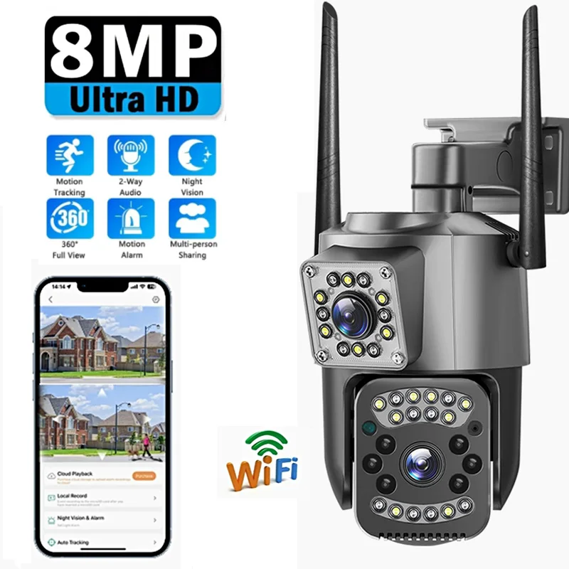 4k 8mp wifi monitor de vigilância câmera lente dupla ao ar livre à prova dwaterproof água segurança cctv câmeras de vigilância de vídeo áudio