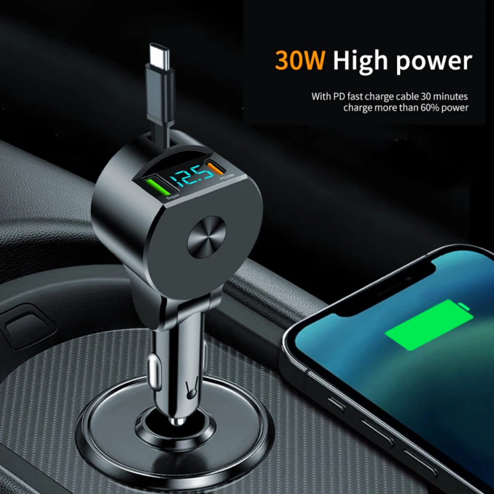 

3 In 1 Car Charger PD Digital Display Car Fast Charging Type C Auto Mobile Phone Adapter With Type C Cable Charge For Cellphone