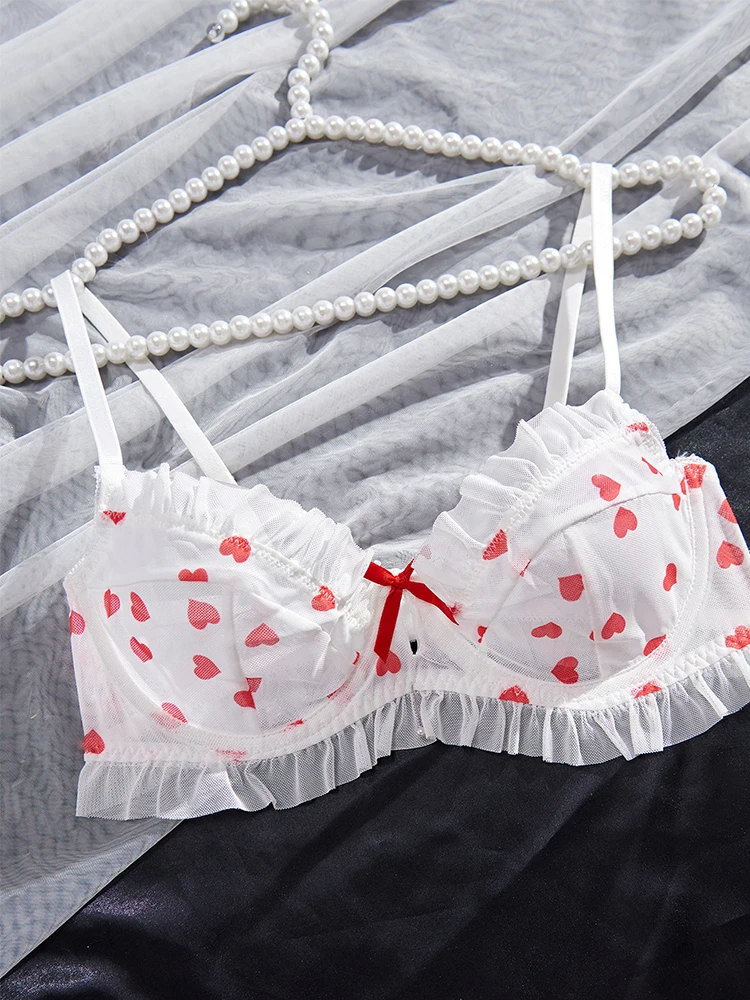 New Lingerie Sexy Woman Push Up Bra Set Love Print Mesh Underwear Romantic Ruffles Lingeries   Sexy Girl Intimate Sexy Outfits