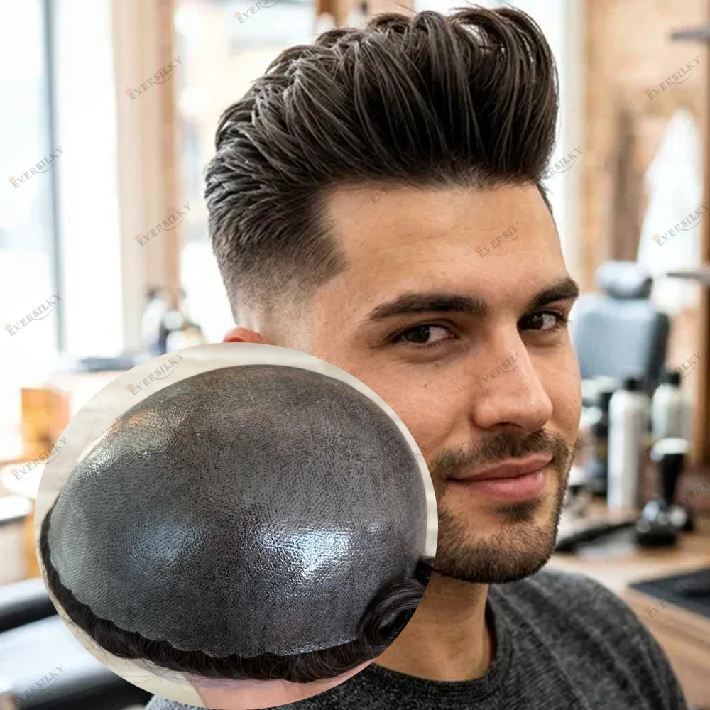 

130%Density Full Hair Men's Toupee Injected Skin Base Human Hair Durable Prosthesis Capillar Natural Hairline 0.1mm PU Silicon