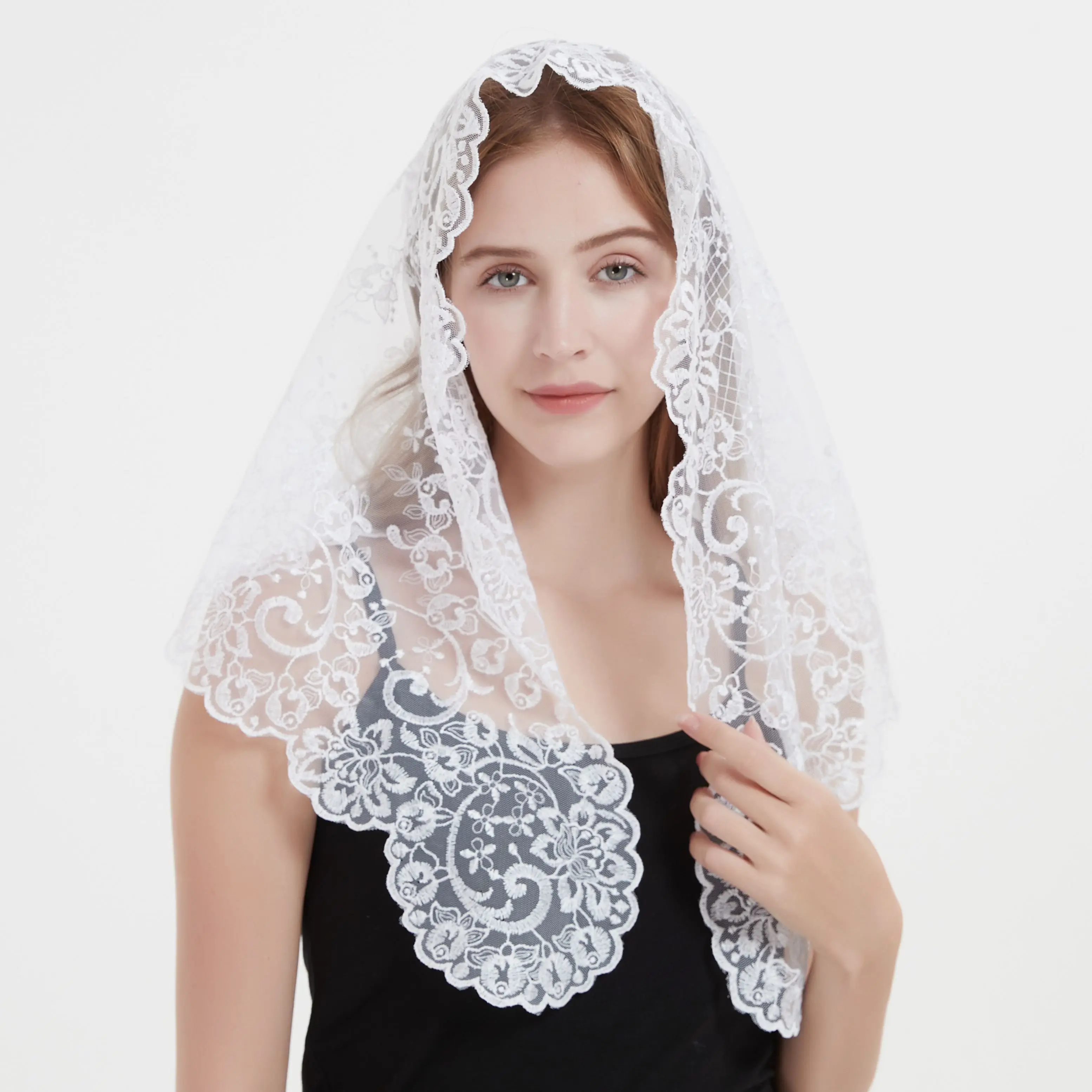 Mantilla de encaje de estilo español bordado blanco, velo católico de boda, Iglesia