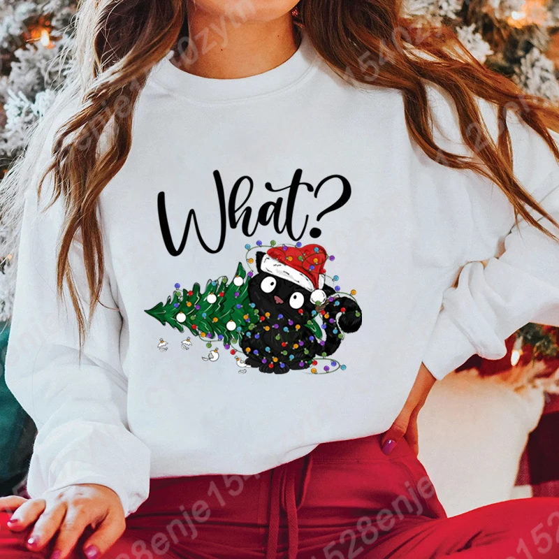 Christmas Light Black Cat What Print Hoodless Sweatshirts Women Fashion Creative Personalized Sweatshirts Autumn Winter Pullover