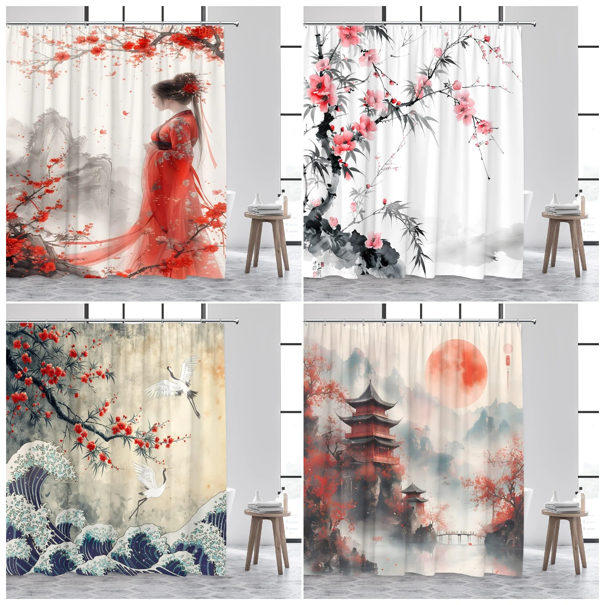 

Japanese Style Shower Curtain Red Floral Plant Sea Wave Crane Ink Mountain Landscape Bath Curtains Fabric Home Decor with Hooks