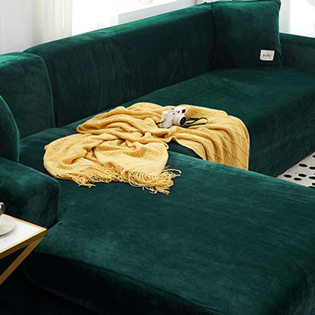 

Elastic And Stretchy Velvet Shaped Sofa Cover Suitable For L Shape Sofas Stylish And Fashionable blackish green