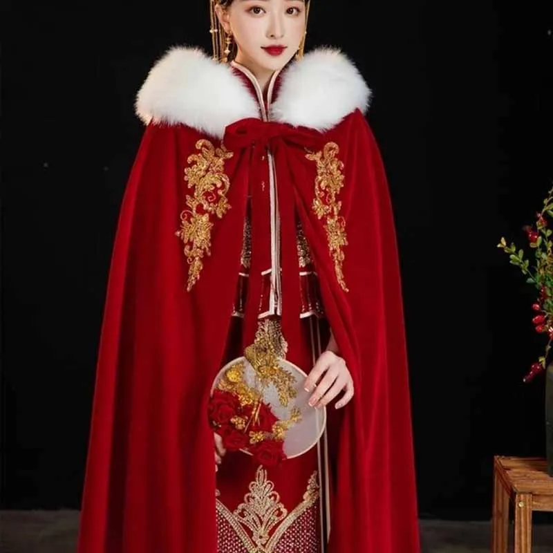Women`Long Red Velvet Tweed Hooded Cape Poncho 2024 Winter Warm Cloak Christmas Embroidery Hanfu Cloak New Year Costume Cape