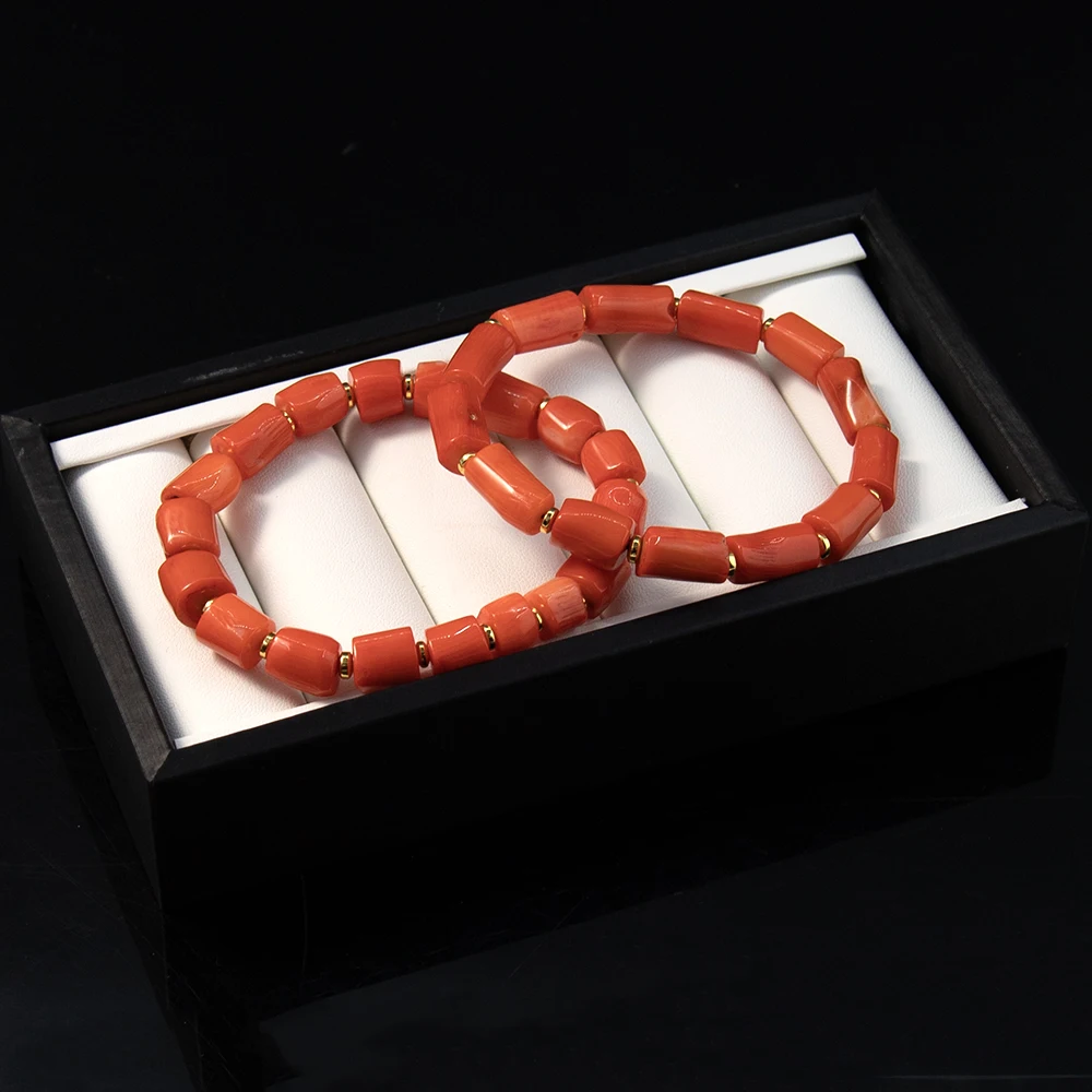 البرتقال المرجان سوار غير النظامية 7x9-13 مللي متر أسطواني المرجان الخرز مع كوبر خزر عازل مجوهرات هدية ارتداء اليومي الرجال المجوهرات #5
