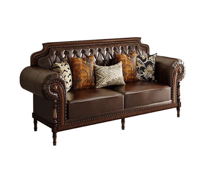 

American Leather Sofa Solid Wood Straight Row Living Room Home First Layer Cowhide Complex Classical Country Sofa