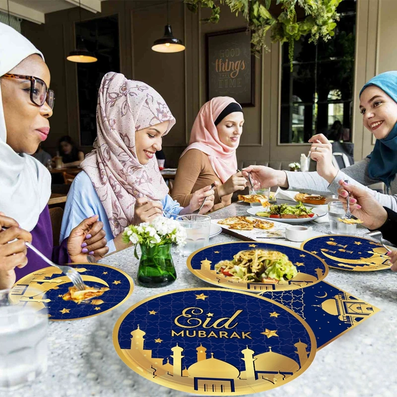 عيد مبارك أدوات مائدة لمهرجان رمضان والقمر ، أكواب للاستعمال مرة واحدة ، أطباق ، مناديل ، ديكورات استحمام الطفل ، حفلة إسلامية ، أزرق ، ذهبي #3