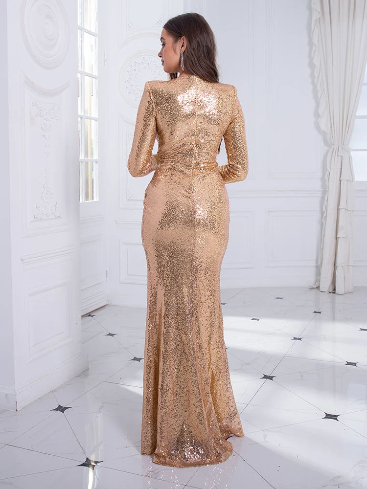 Long Sleeve V Neck Pleated Stretch Sequin Evening Night Party Dress Split Full Lining Padded Shoulder Prom Dress