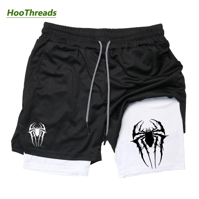 Stylish Spider Print 2 in 1 Compression Shorts for Men Gym Athletic Workout Running Shorts with Phone Pocket Towel Loop