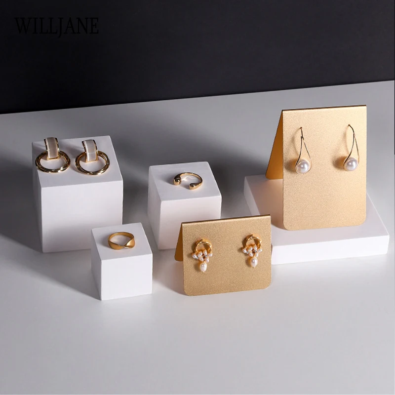 Metal Stud Dangle Earrings Display Rack T Bar Stand Jewelry Hanger Organizer Holder Eardrop Freestanding Shelf White Resin Block