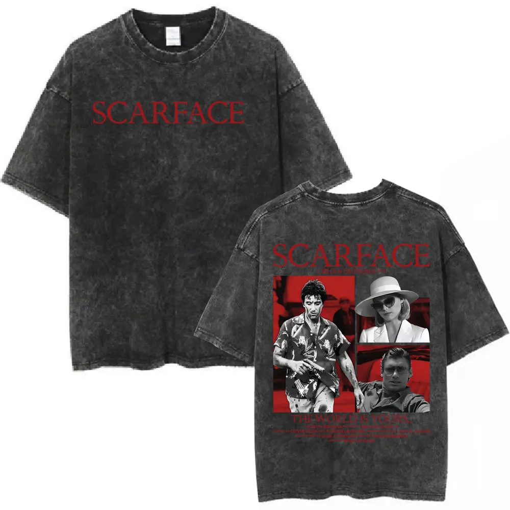 Film Scarface The World Is Yours Vintage Washed T-Shirt Tony Montana Al Pacino T-Shirts Herren Damen Kleidung Oversized T-Shirt – Detail 3