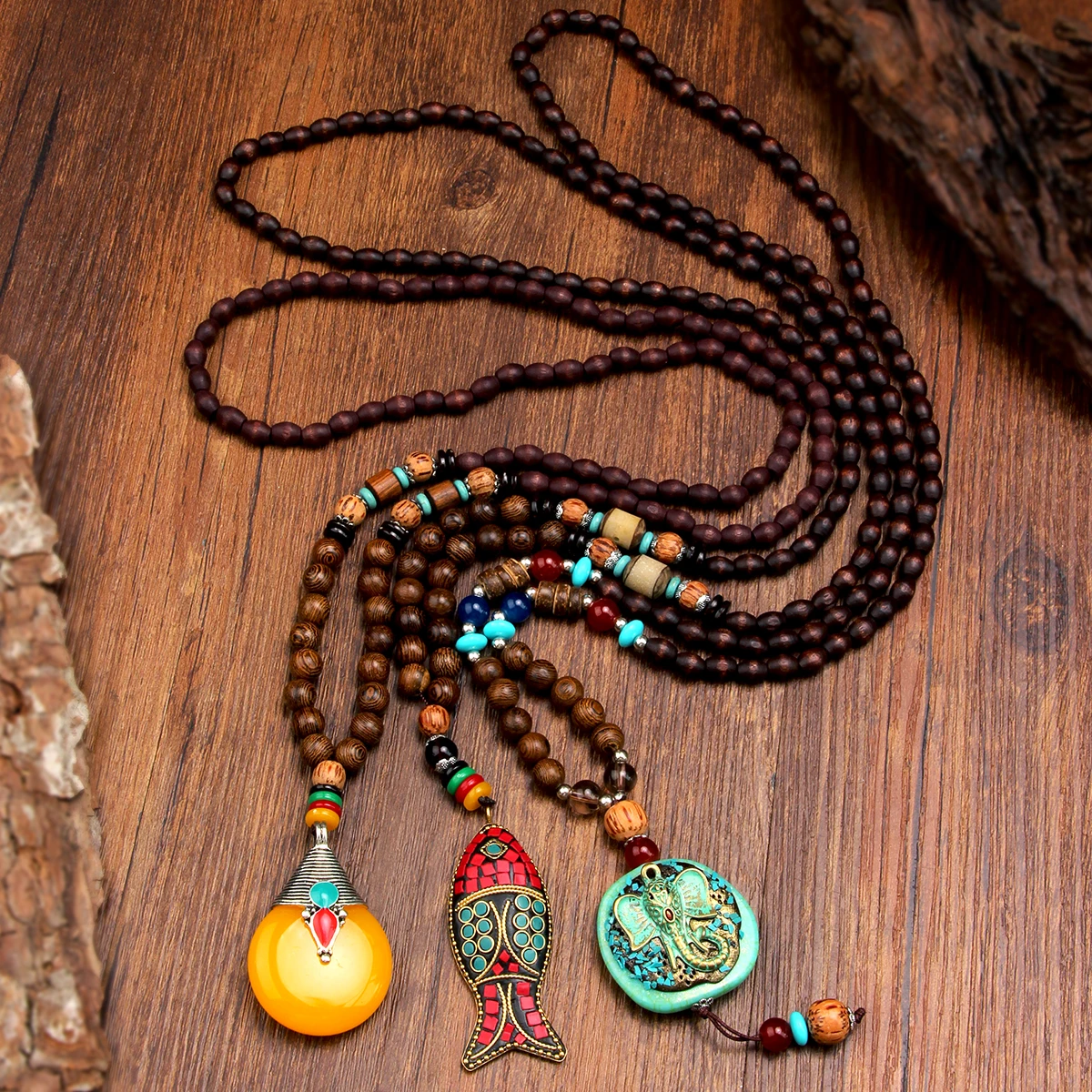 Yumfeel Handmade เนปาลสร้อยคอพุทธ Mala ลูกปัดไม้จี้และสร้อยคอฮอร์นปลายาวสร้อยคอประดับผู้หญิงผู้ชาย