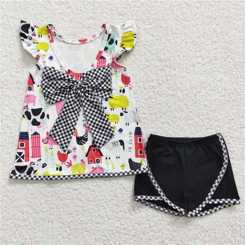 

Wholesale Girls Summer Short-Sleeved Shorts Suit Multi-Element Pattern Fruit Big Bow Colorful Same Color Ruffle