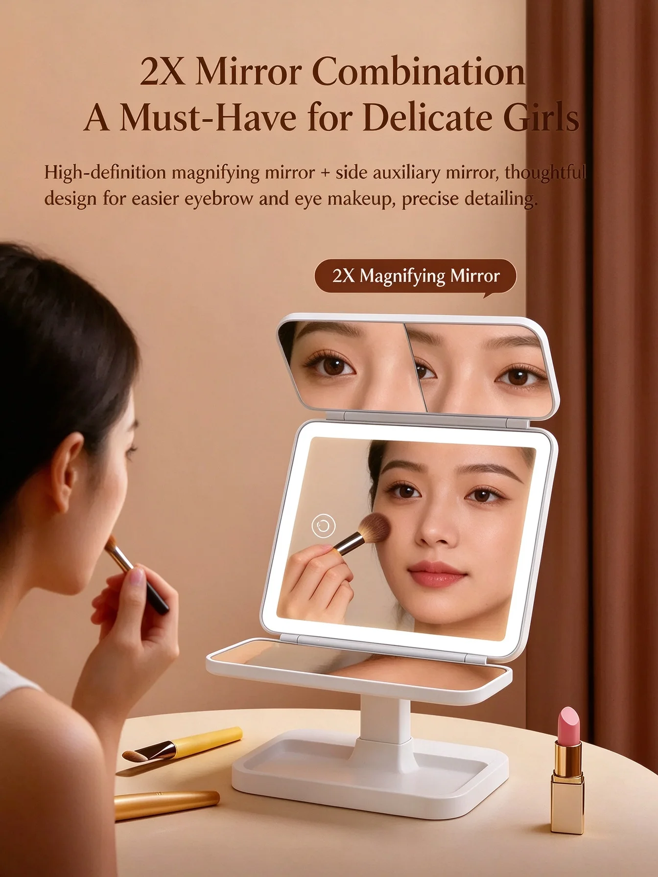 Trifold LED Touch Screen adjustable light makeup Mirror,USB Smart Complementary Beauty fill light,Handheld Light Travel Makeup