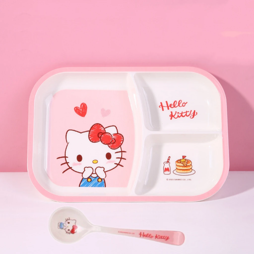 

Hello Kitty divided plate Spoon Set Compartments Melamine Kids Lunch Tray BPA-Free Heat Resistant Dishwasher Safe Dinnerware