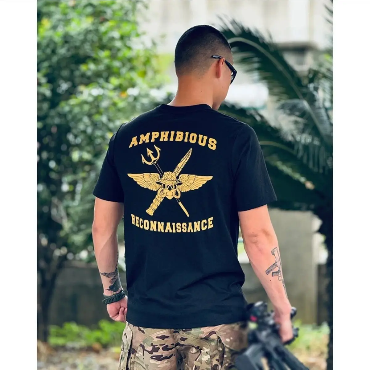 2026 New Tactical Oversized Unisex Streetwear T Shirt Golden Trident Wing Skull Cross Sword Graphic Casual Cotton Tee